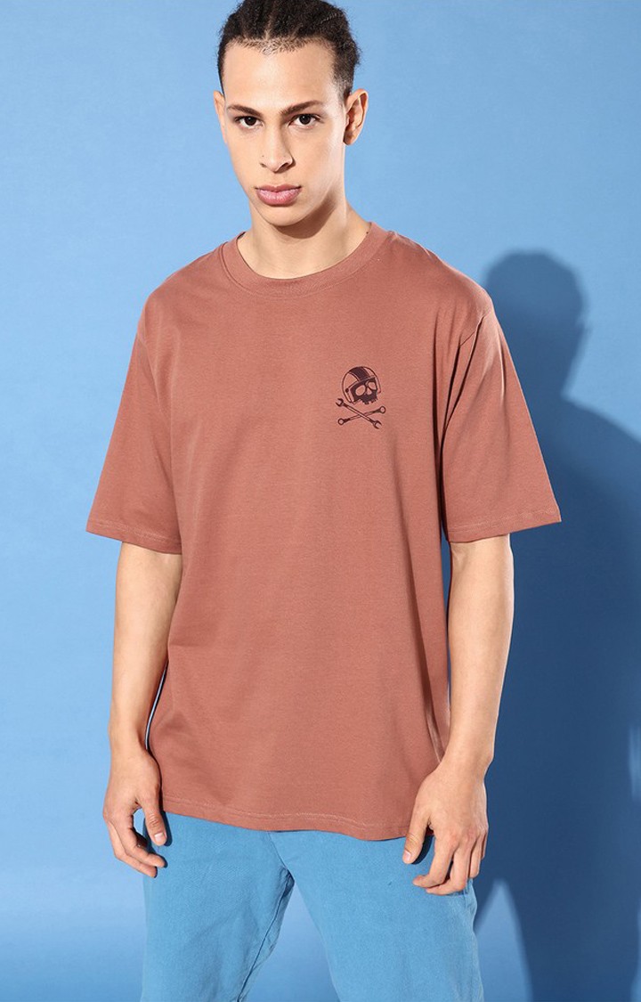 Men's Brown Cotton Graphic Printed Oversized T-Shirt