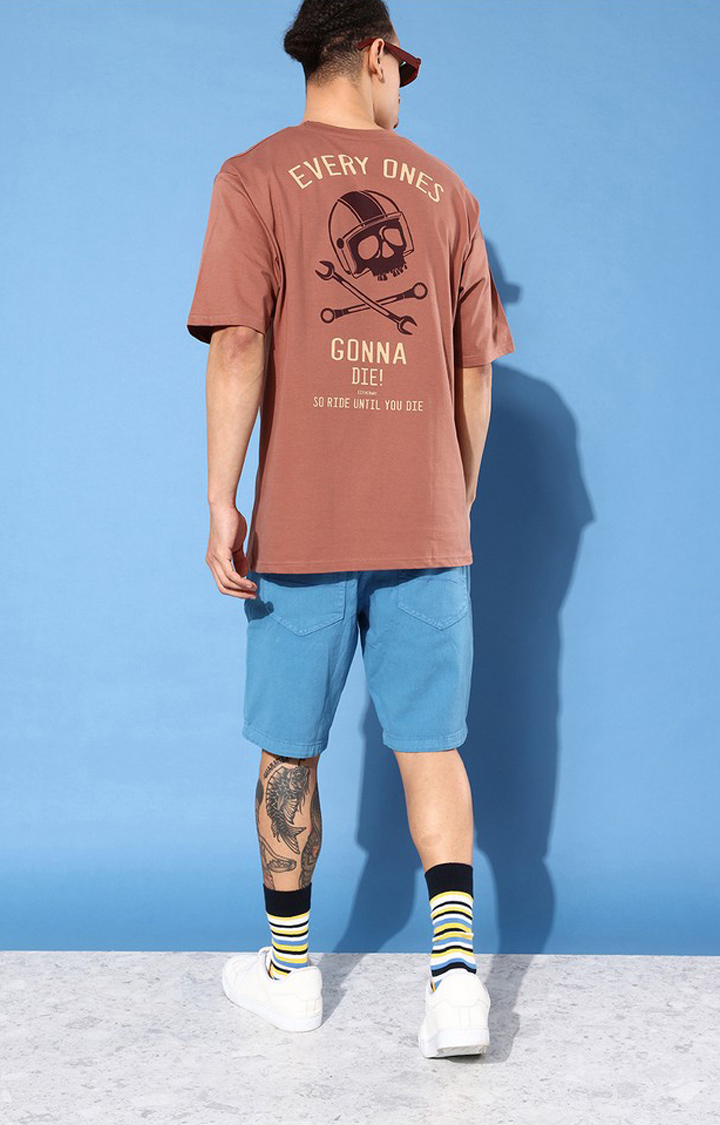 Men's Brown Cotton Graphic Printed Oversized T-Shirt