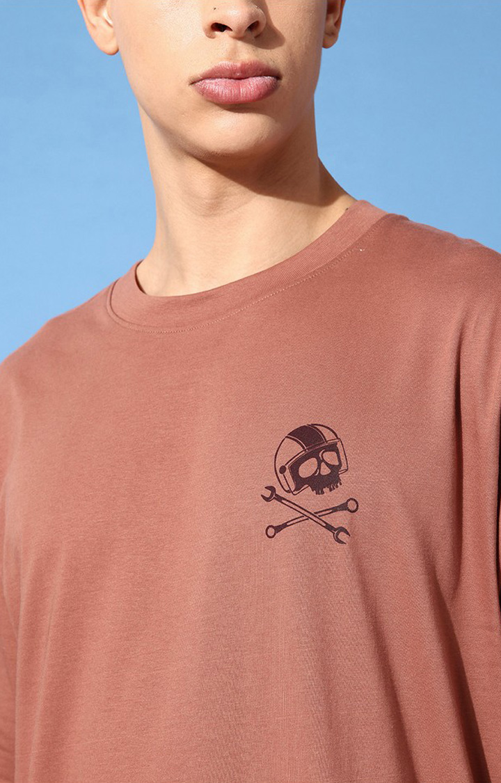 Men's Brown Cotton Graphic Printed Oversized T-Shirt