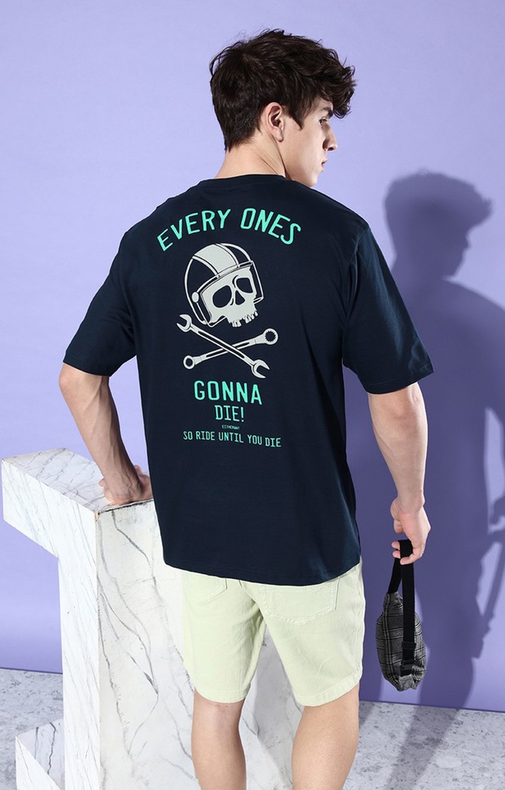 Difference of Opinion | Men's Navy Blue Cotton Graphic Printed Oversized T-Shirt