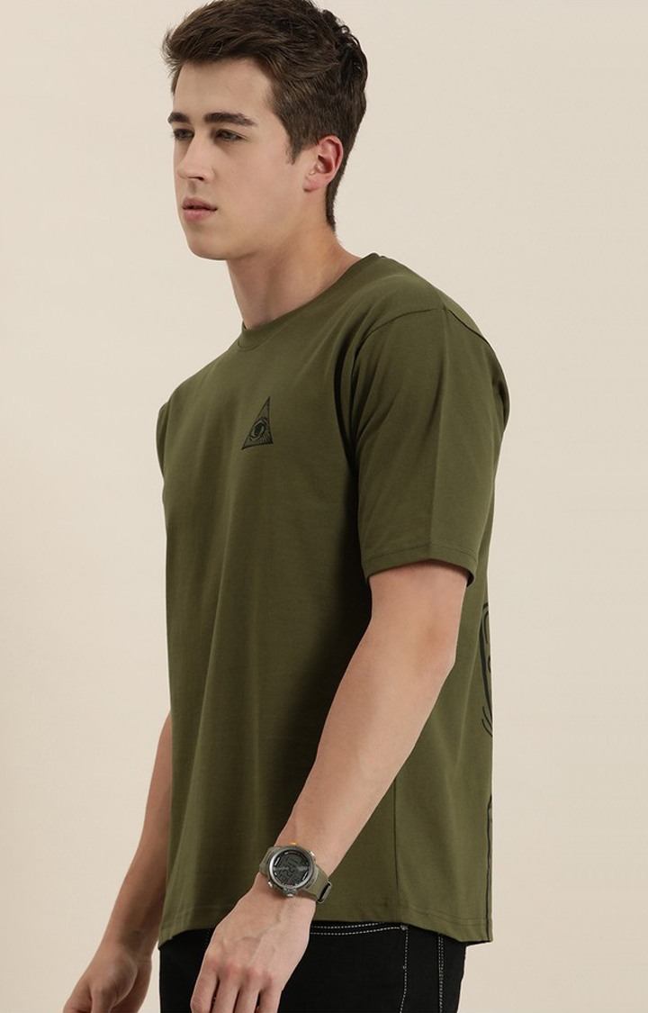 Men's Green Cotton Graphic Printed Oversized T-Shirt