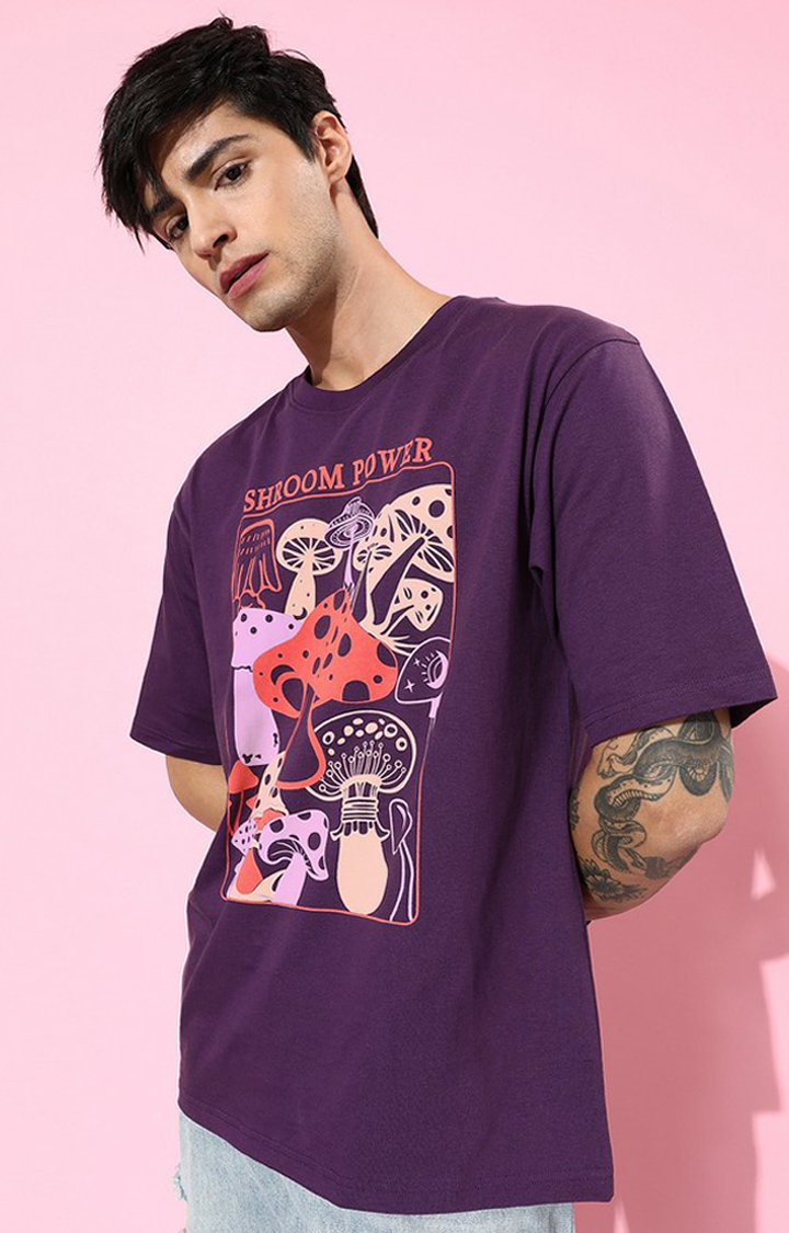 Men's Purple Cotton Graphic Printed Oversized T-Shirt