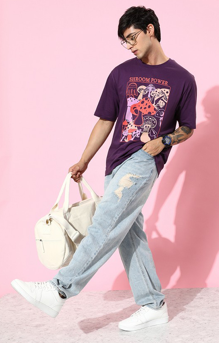 Men's Purple Cotton Graphic Printed Oversized T-Shirt