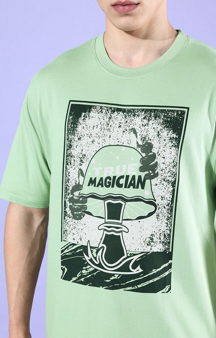Men's Green Cotton Graphic Printed Oversized T-Shirt
