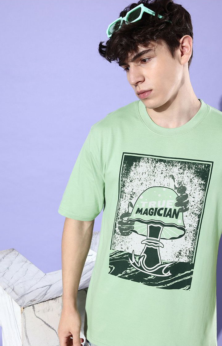 Men's Green Cotton Graphic Printed Oversized T-Shirt