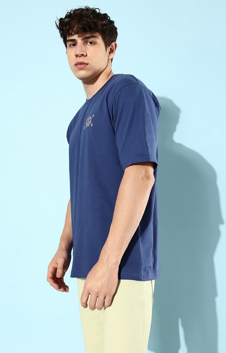 Men's Blue Cotton Graphic Printed Oversized T-Shirt