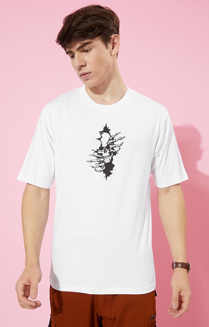 Men's White Cotton Graphic Printed Oversized T-Shirt