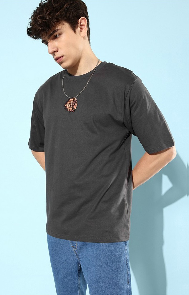 Men's Grey Cotton Graphic Printed Oversized T-Shirt