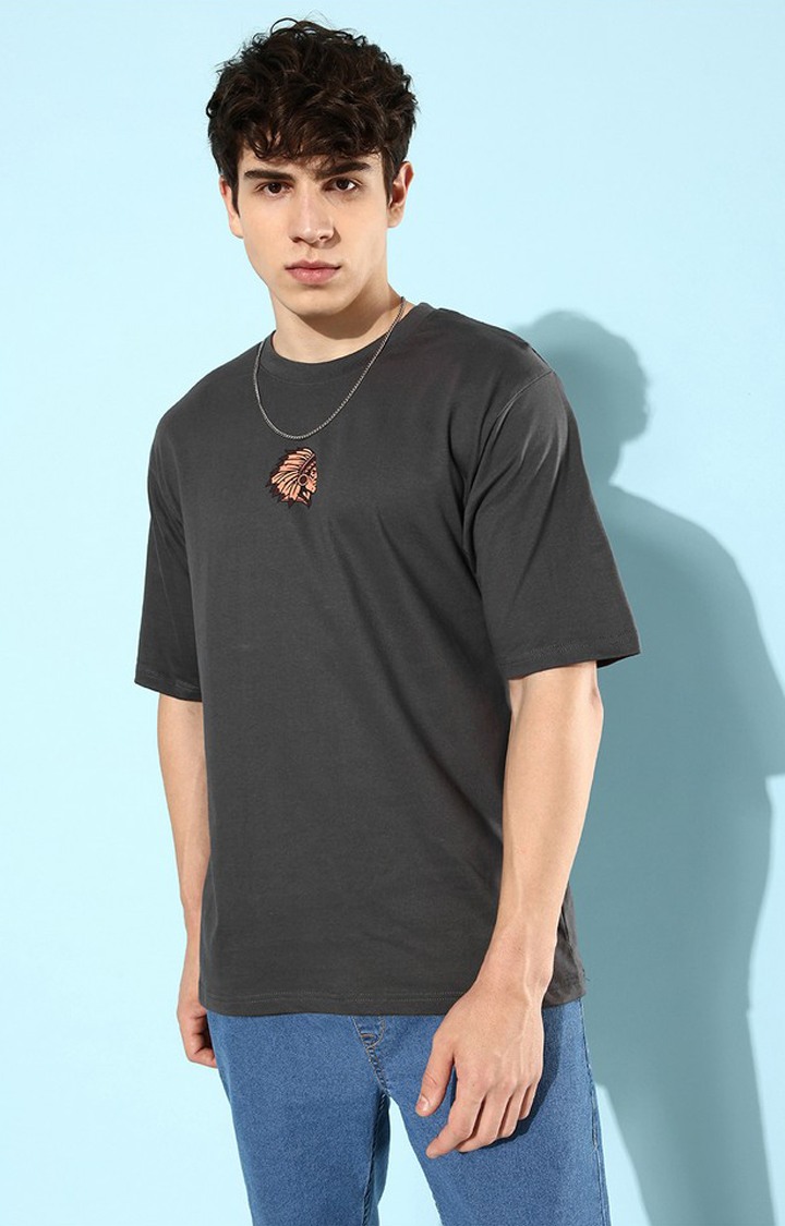 Men's Grey Cotton Graphic Printed Oversized T-Shirt