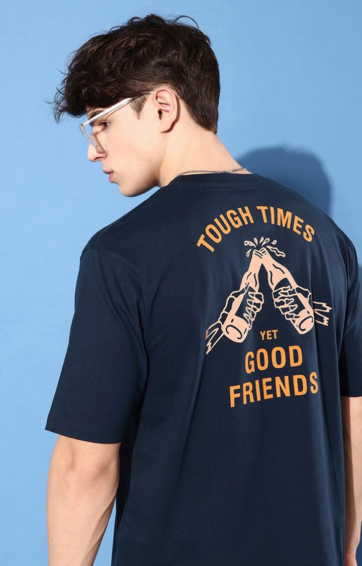 Difference of Opinion | Men's Navy Blue Cotton Graphic Printed Oversized T-Shirt