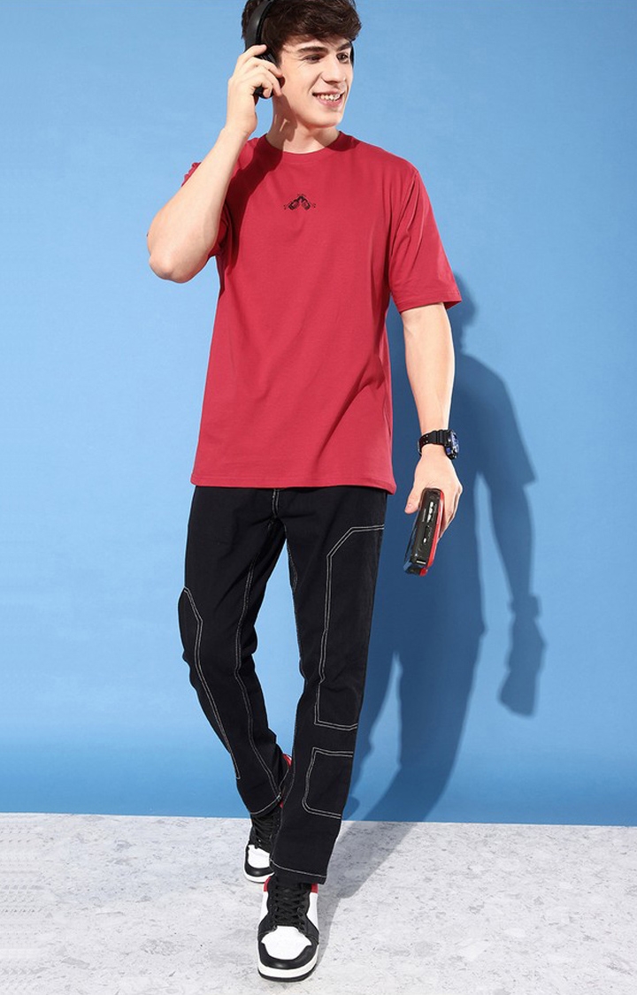 Difference of Opinion | Men's Red Cotton Graphic Printed Oversized T-Shirt 1