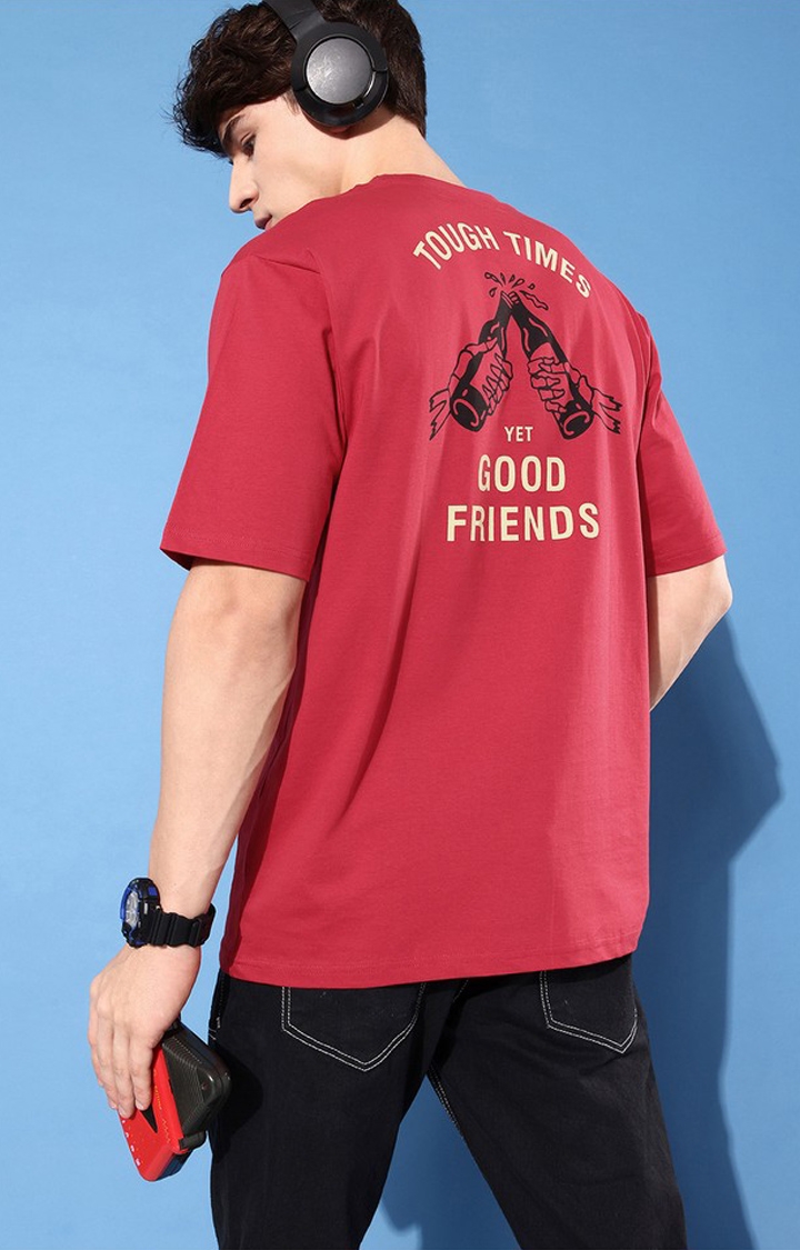 Men's Red Cotton Graphic Printed Oversized T-Shirt