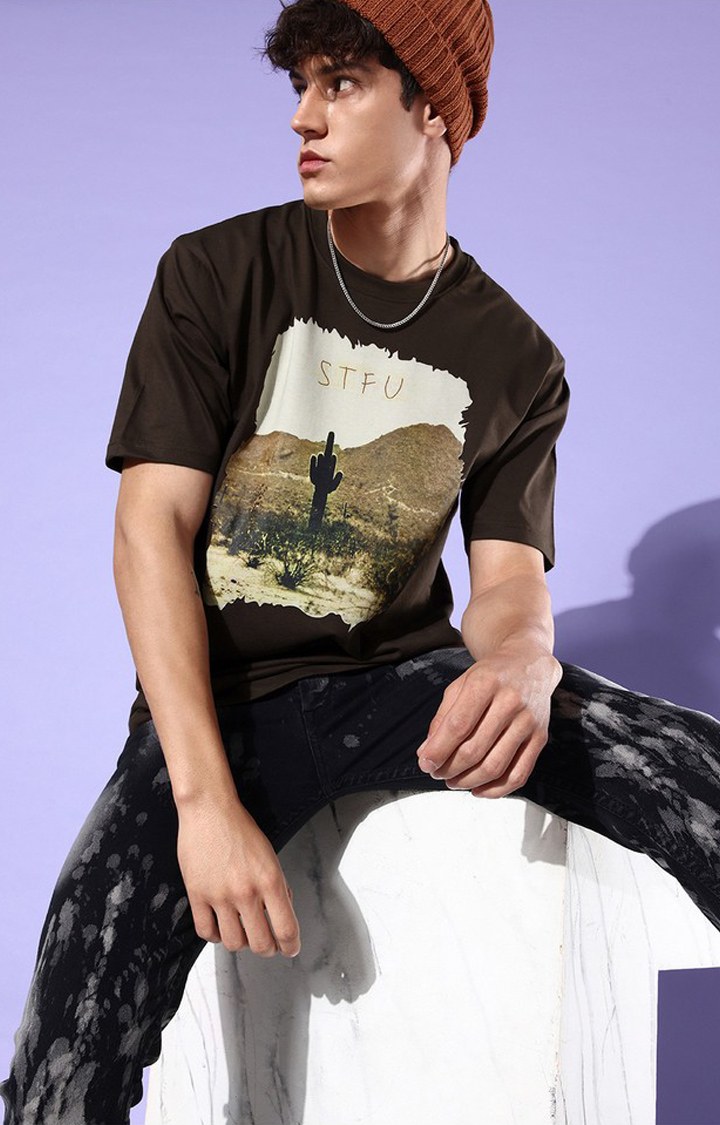 Men's Brown Cotton Graphic Printed Oversized T-Shirt