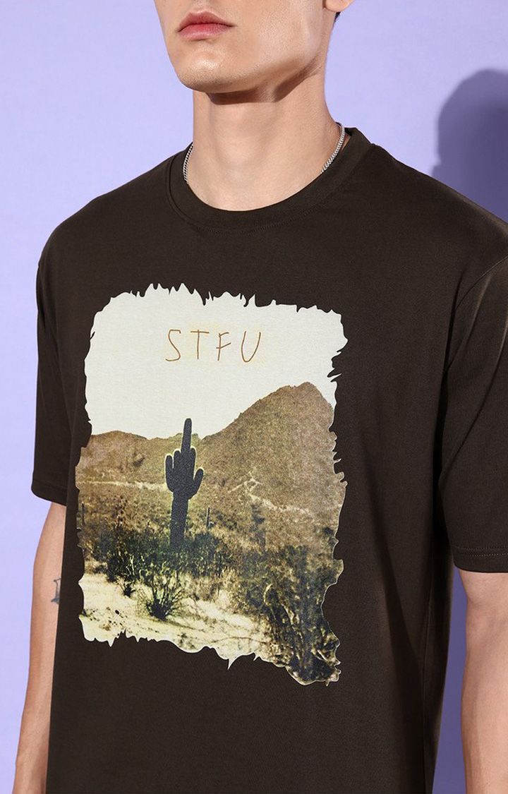 Men's Brown Cotton Graphic Printed Oversized T-Shirt
