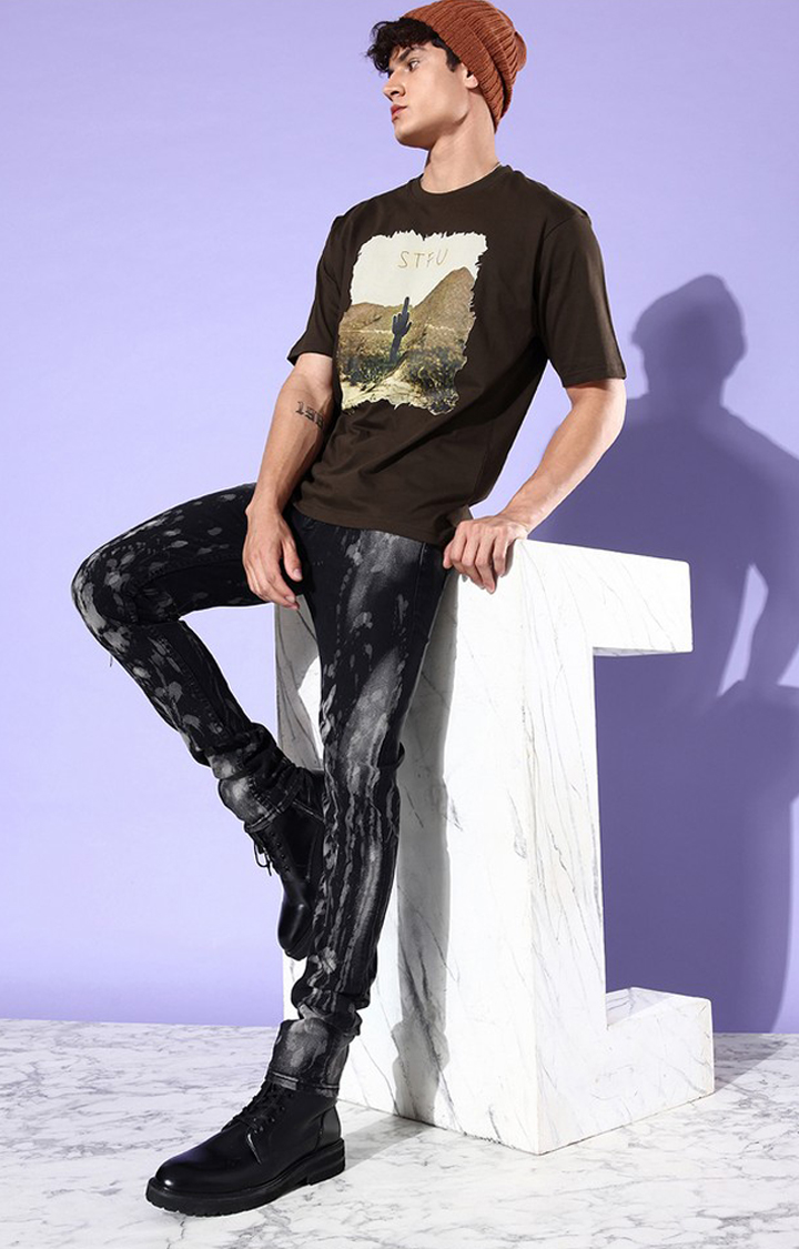 Men's Brown Cotton Graphic Printed Oversized T-Shirt