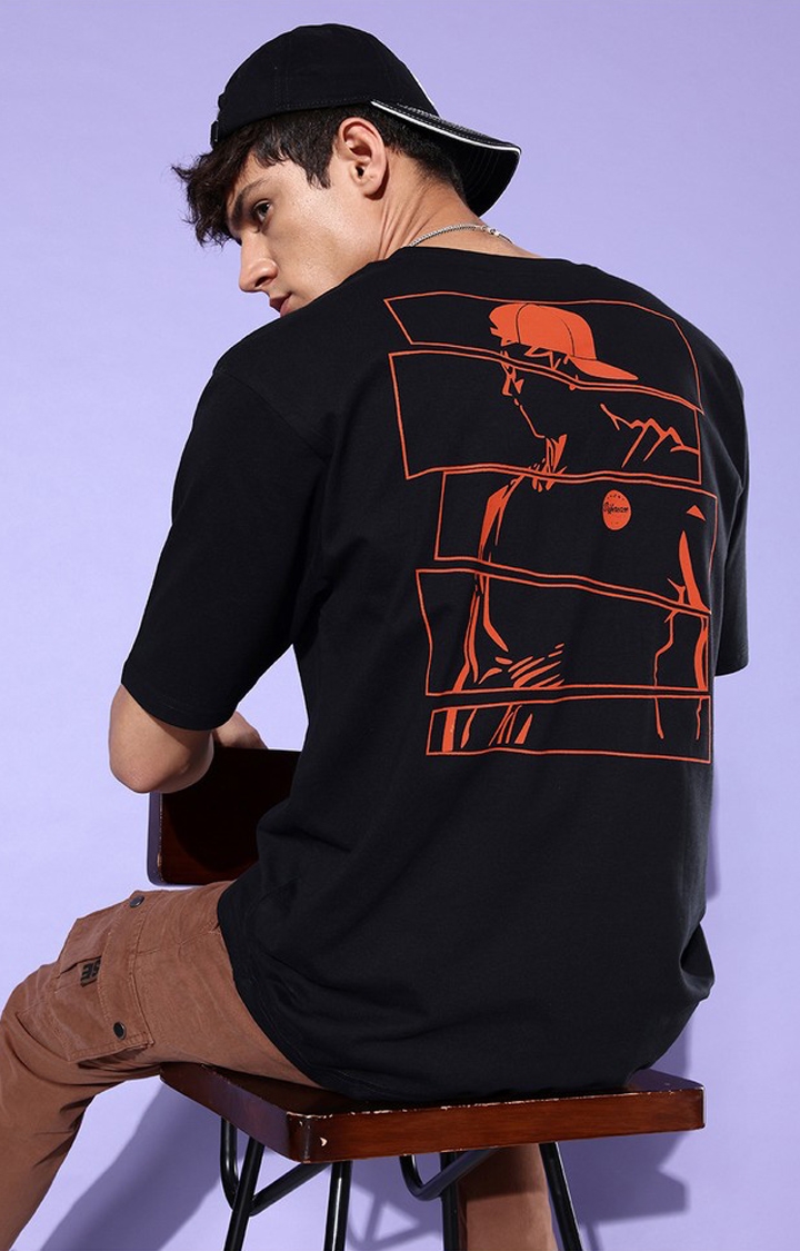 Men's Black Cotton Graphic Printed Oversized T-Shirt