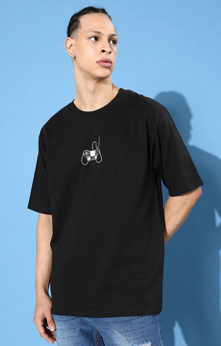 Men's Black Cotton Graphic Printed Oversized T-Shirt