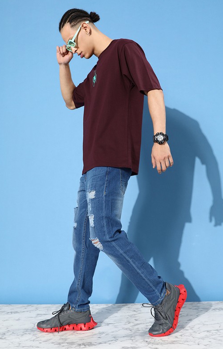 Men's Maroon Cotton Graphic Printed Oversized T-Shirt