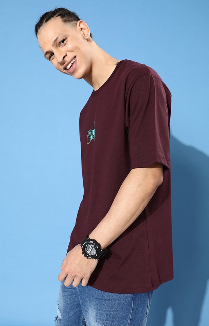 Men's Maroon Cotton Graphic Printed Oversized T-Shirt