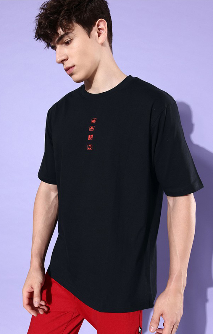 Men's Black Cotton Typographic Printed Oversized T-Shirt