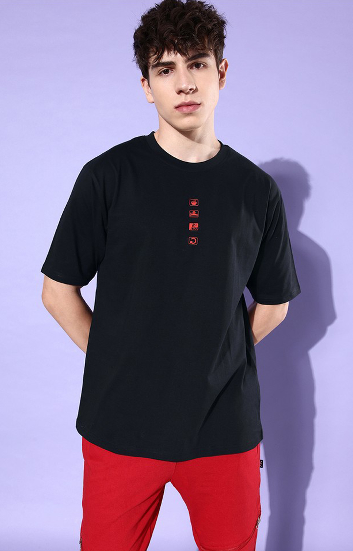 Men's Black Cotton Typographic Printed Oversized T-Shirt