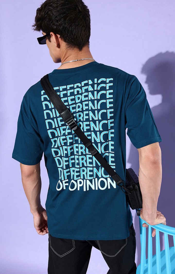 Men's Blue Cotton Typographic Printed Oversized T-Shirt