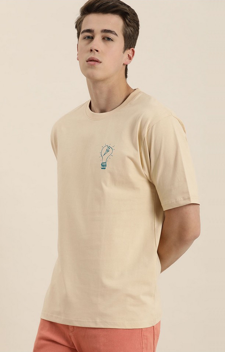 Men's Beige Cotton Graphic Printed Oversized T-Shirt