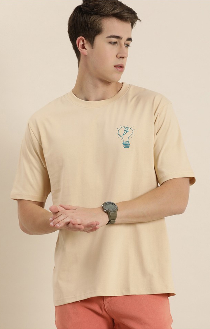 Men's Beige Cotton Graphic Printed Oversized T-Shirt