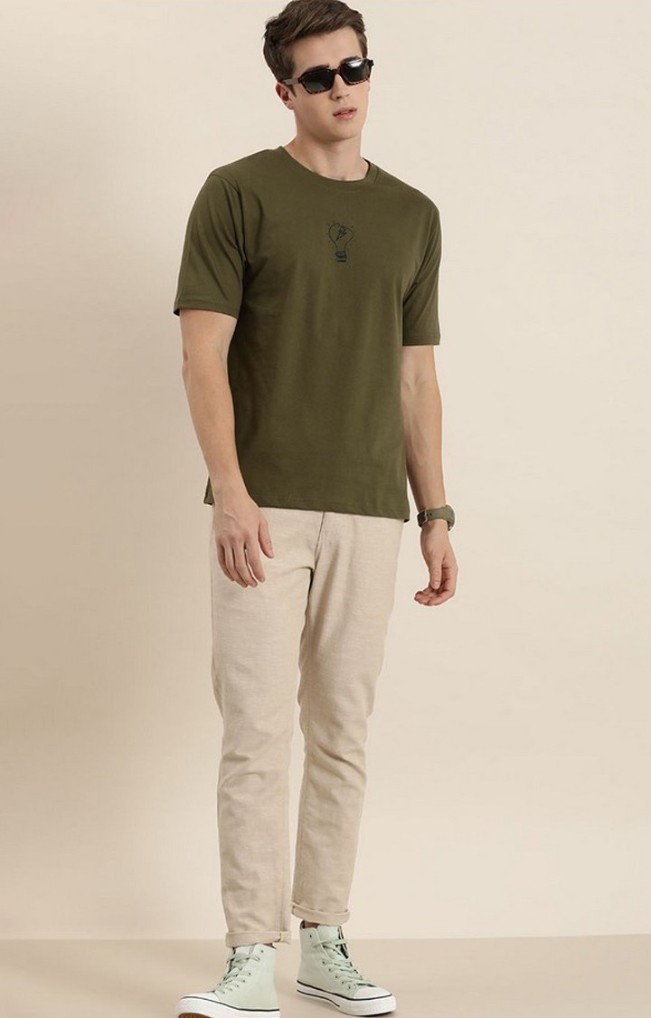 Men's Green Cotton Graphic Printed Oversized T-Shirt