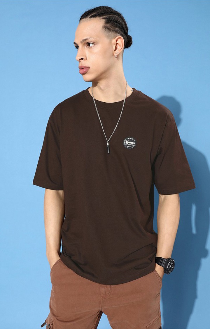 Men's Brown Cotton Graphic Printed Oversized T-Shirt