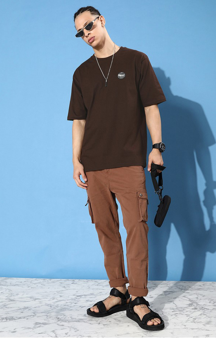 Men's Brown Cotton Graphic Printed Oversized T-Shirt