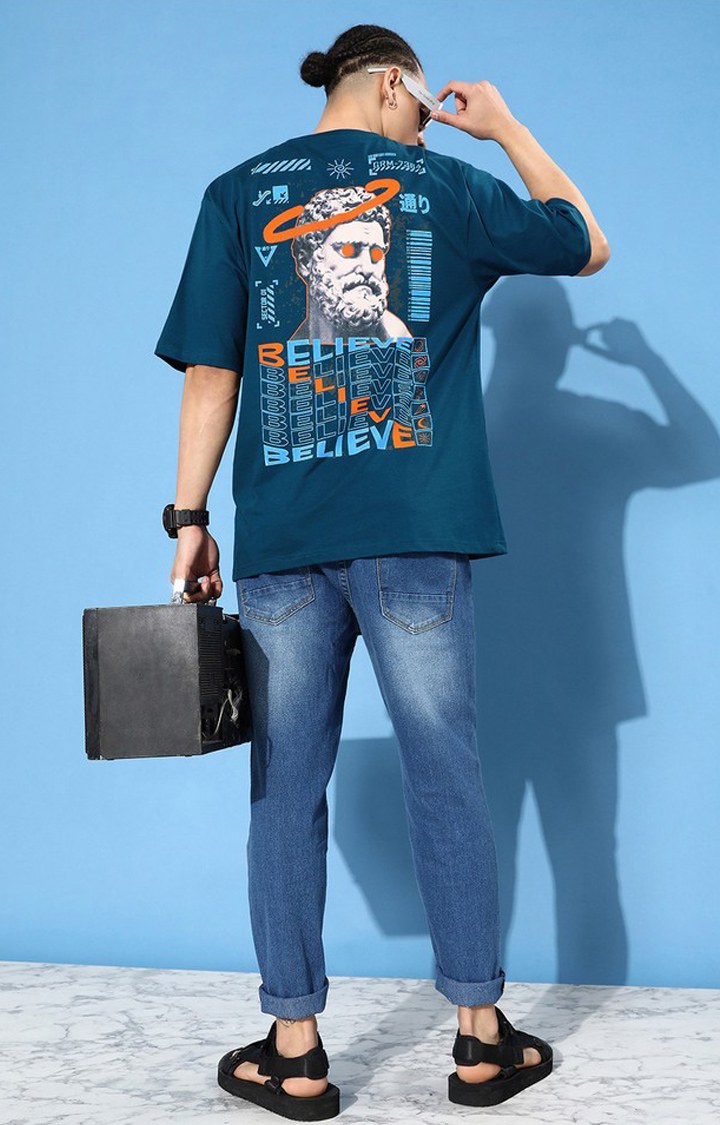 Men's Blue Cotton Graphic Printed Oversized T-Shirt
