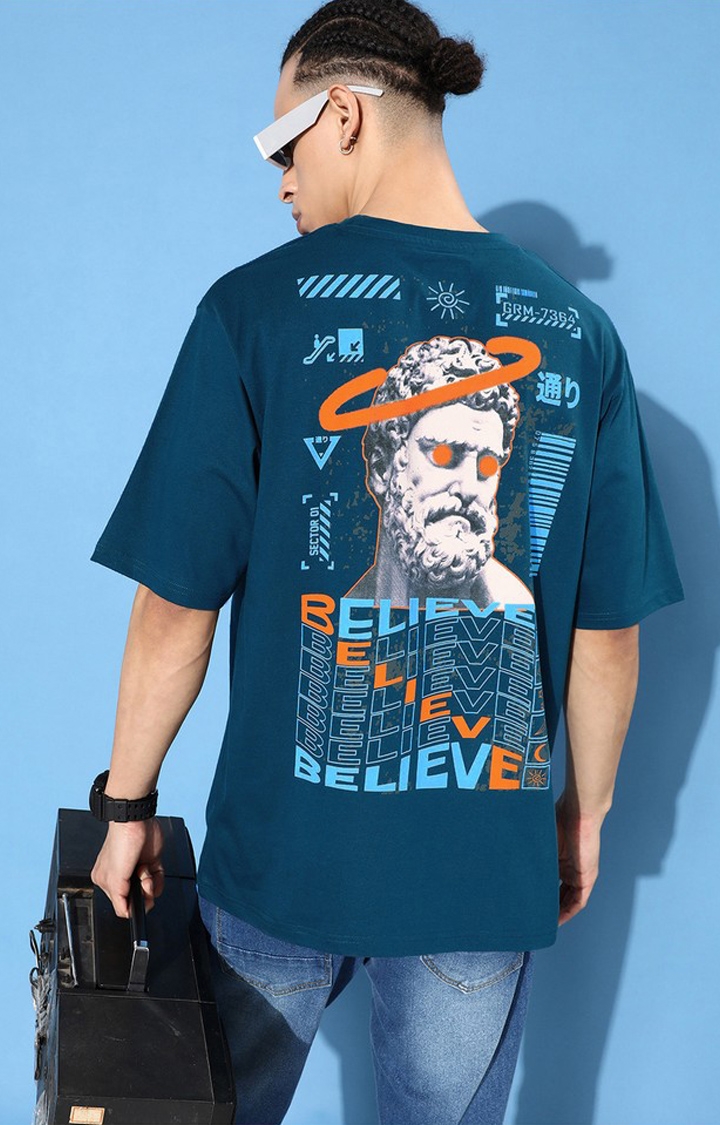 Difference of Opinion | Men's Blue Cotton Graphic Printed Oversized T-Shirt