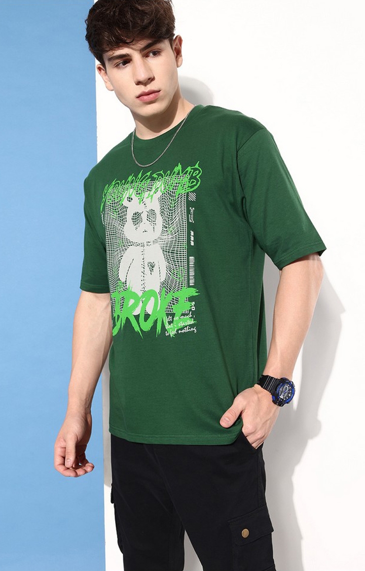 Difference of Opinion | Men's Green Cotton Graphic Printed Oversized T-Shirt 0