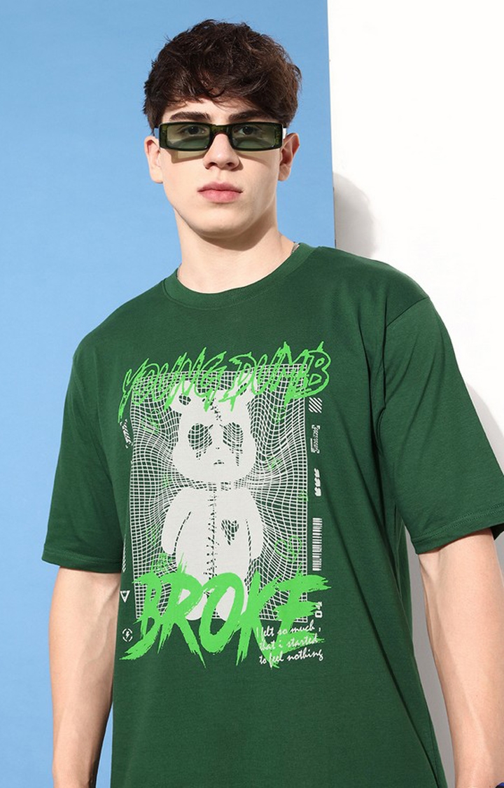 Difference of Opinion | Men's Green Cotton Graphic Printed Oversized T-Shirt 2