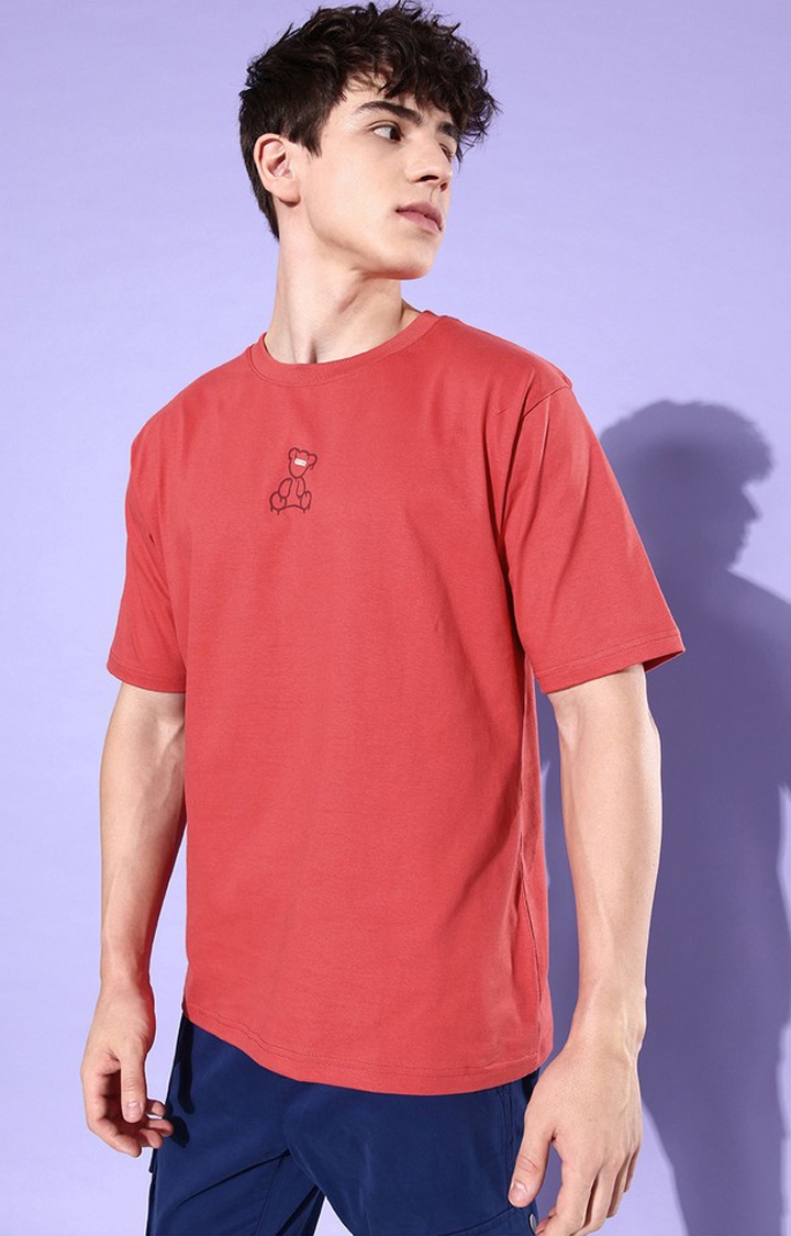 Men's Red Cotton Graphic Printed Oversized T-Shirt