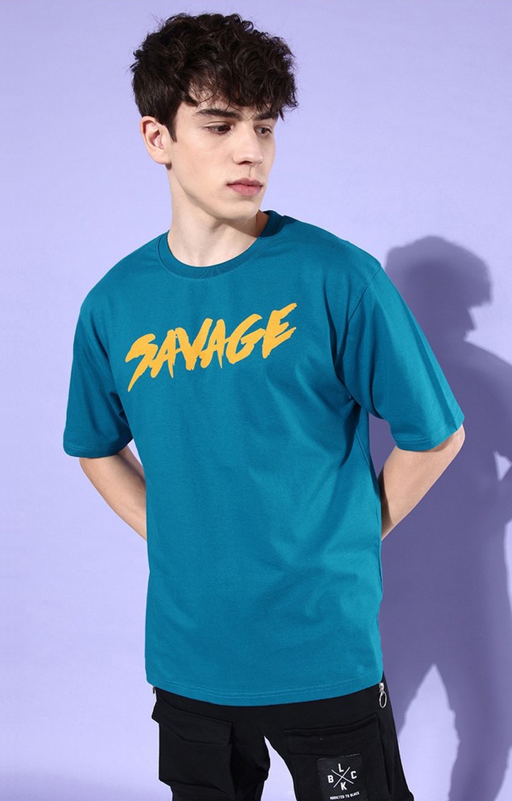 Men's Blue Cotton Graphic Printed Oversized T-Shirt