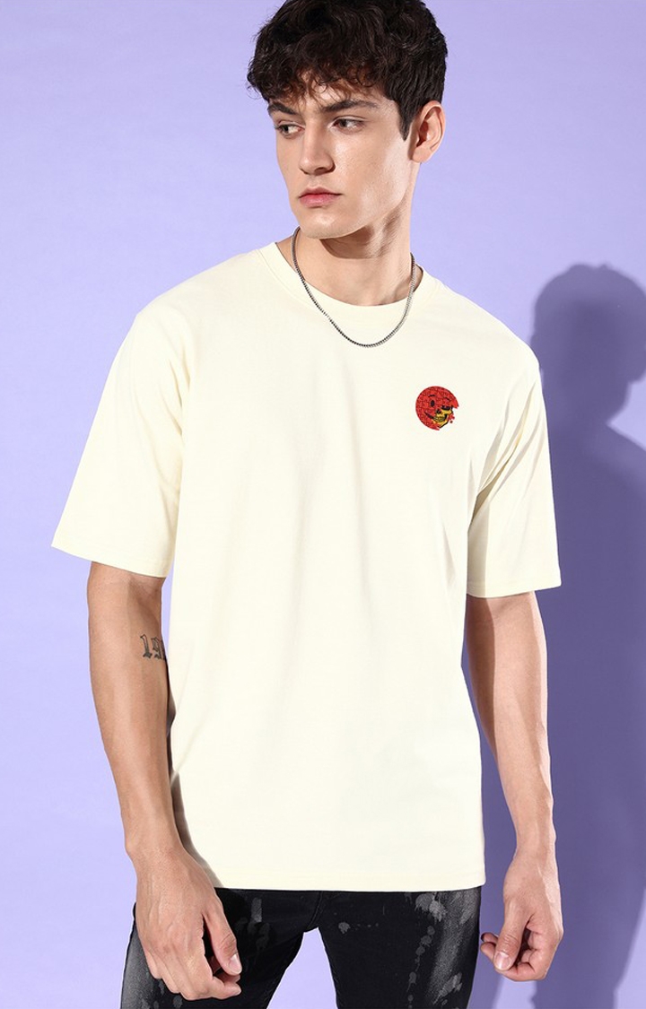 Men's Off White Cotton Graphic Printed Oversized T-Shirt