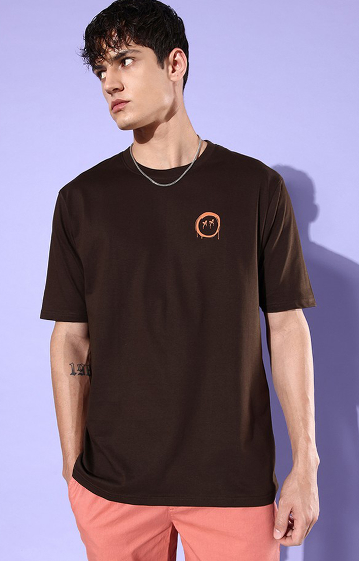 Men's Brown Cotton Graphic Printed Oversized T-Shirt