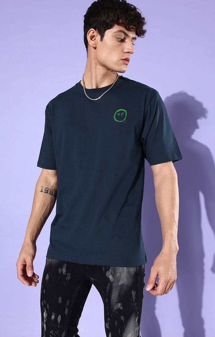 Men's Navy Blue Cotton Graphic Printed Oversized T-Shirt