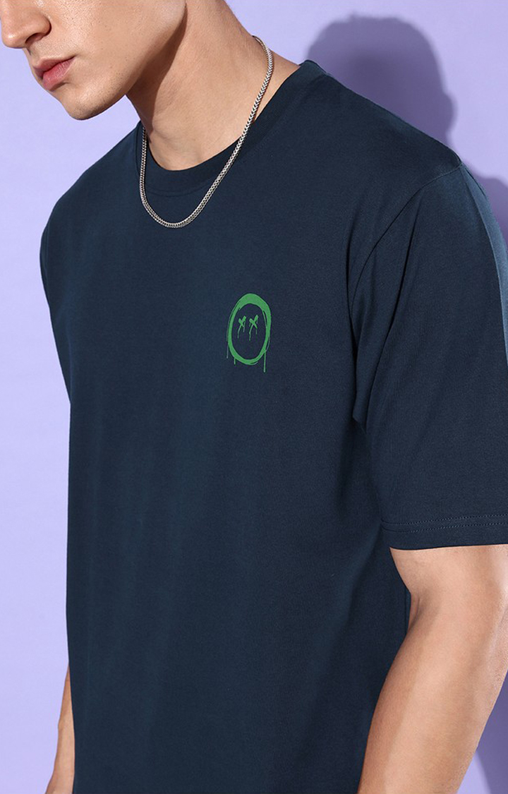 Men's Navy Blue Cotton Graphic Printed Oversized T-Shirt