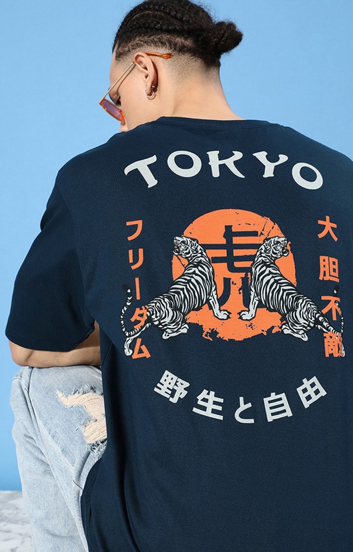 Men's Navy Blue Cotton Graphic Printed Oversized T-Shirt
