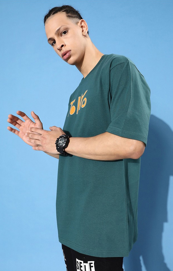 Difference of Opinion | Men's Green Cotton Graphic Printed Oversized T-Shirt 3