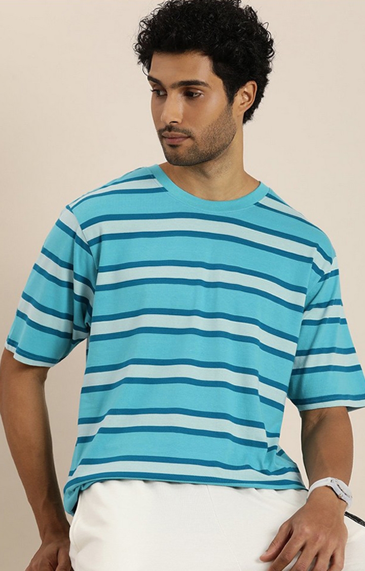 Difference of Opinion | Men's Blue Striped Oversized T-Shirt