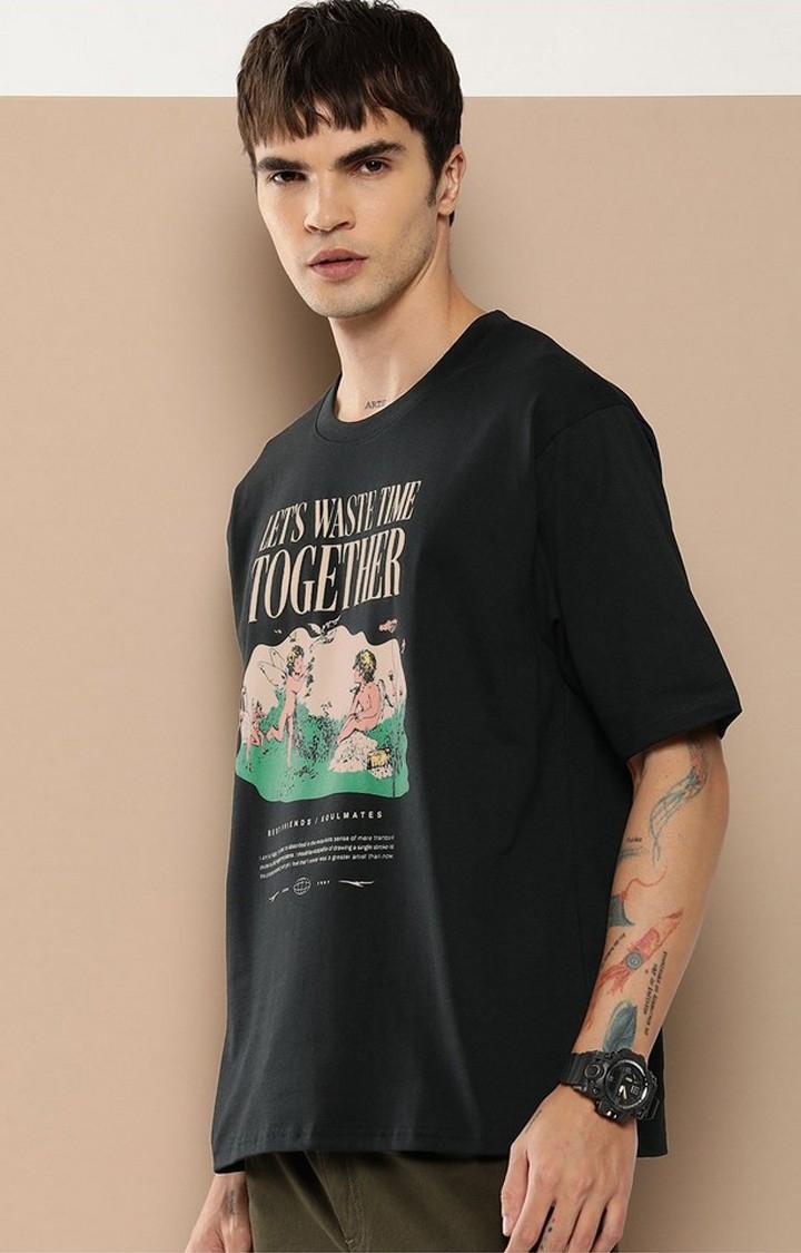 Men's  Black Graphic Boxy T-Shirt