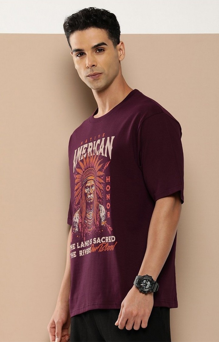 Men's  Maroon Graphic Oversized T-Shirt