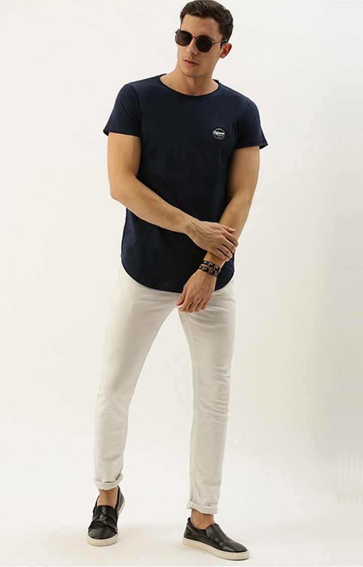 Men's Navy Cotton Solid Regular T-Shirt