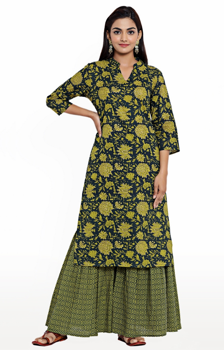 Miravan | Miravan women's cotton printed straight kurta And Sharara set  0