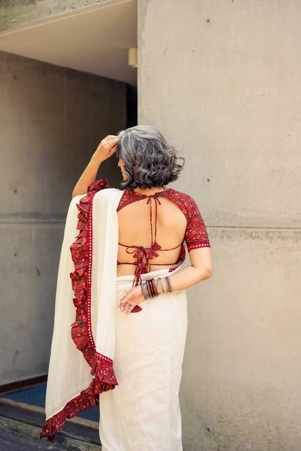 Dori Calcutta | Red Floral Ajrakh Backless Blouse|1