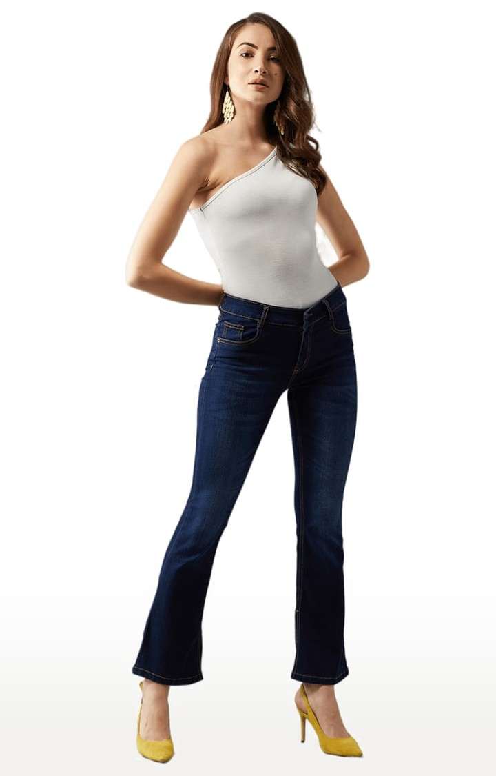 Women's Blue Cotton Solid Flared Jeans